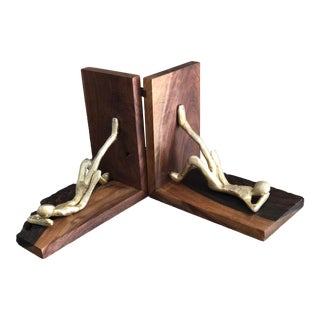 Late 20th Century Wood and Metal Figure Bookends- A Pair For Sale