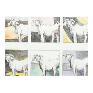 Karen Druker "Six Goats" Contemporary Watercolor and Pencil on Paper Circa 2010 For Sale