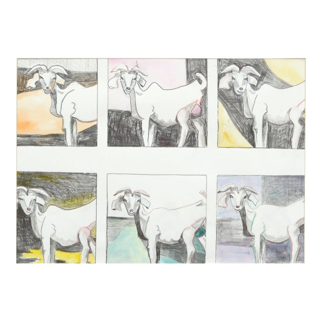 Karen Druker "Six Goats" Contemporary Watercolor and Pencil on Paper Circa 2010 For Sale