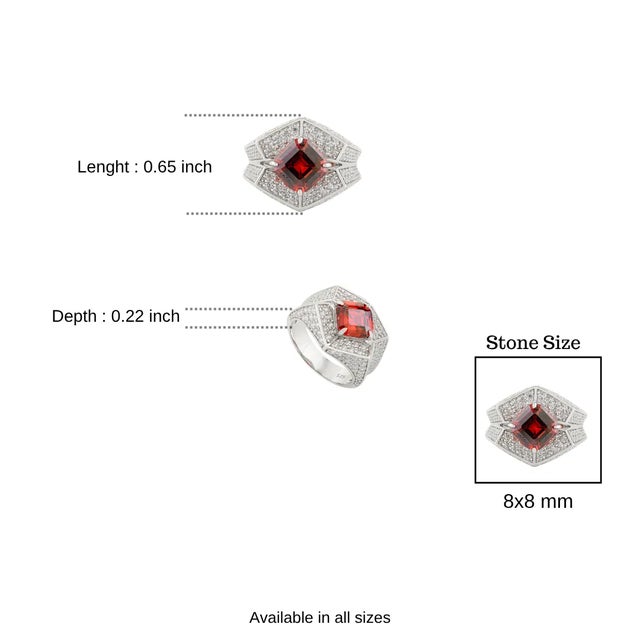 Red Vintage Art Deco Square Garnet & Cz Unisex Ring in Silver Size 6 For Sale - Image 8 of 11