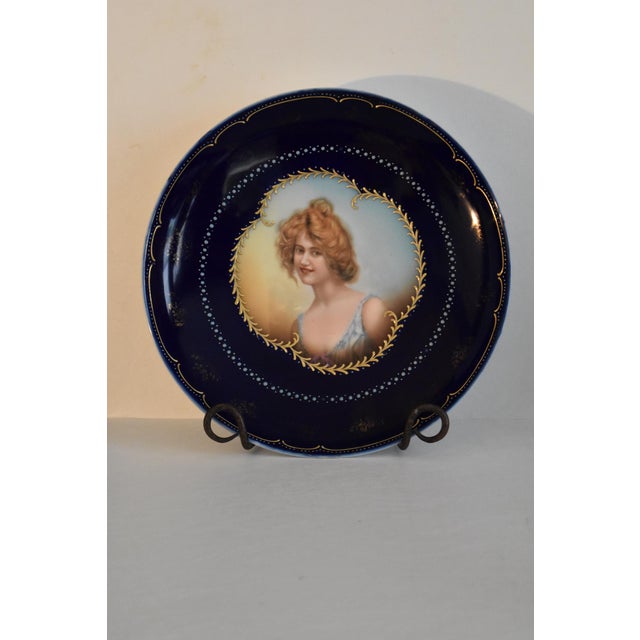 Antique Vienna Style Cobalt Blue Porcelain Cabinet Portrait Plate Hand Painted For Sale - Image 10 of 13