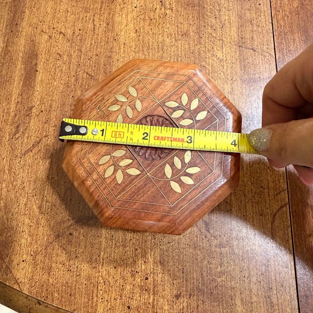 Indian Rosewood Octagonal Wood Trinket Box Brass Inlay Floral Carved India 4in For Sale - Image 4 of 9