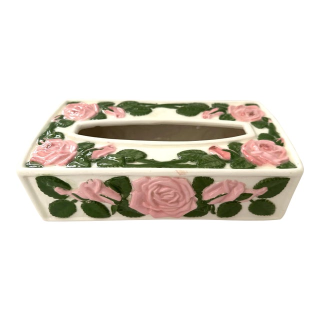 Vintage 60's Ceramic Pink Rose Tissue Box Cover For Sale