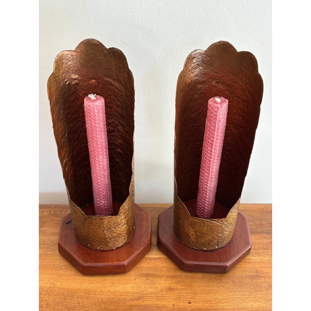 Wood Mid 20th Century Hammered Copper Scalloped Candlestick Holders on Wood Base For Sale - Image 7 of 9