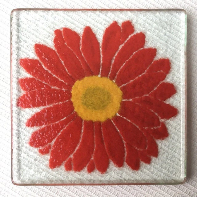 Late 20th Century Retro Handpainted Red Zinnia Flower Glass Coasters, Signed For Sale - Image 5 of 7