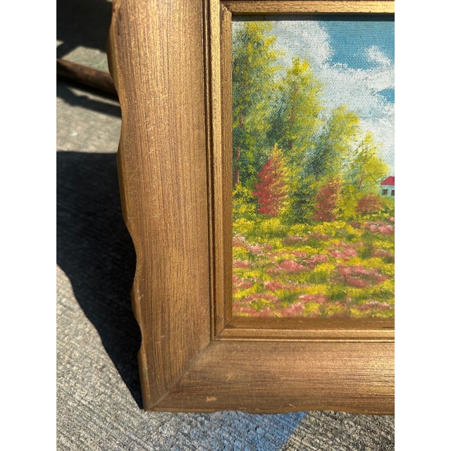 Up for consideration is a beautiful vintage small signed gold framed farmhouse and foliage landscape painting on canvas....