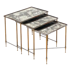 French Nesting Tables of Brass With Mottled Smoke Mirrored Glass