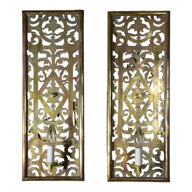One of a Kind Pair of Antique Brass Electrified Wall Sconces - Art Deco Style For Sale