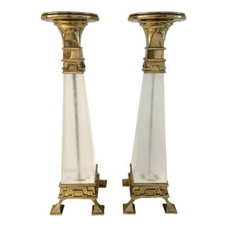 1980s Chapman Neoclassical Tall Brass & Frosted Lucite Candle Holders, a Pair For Sale