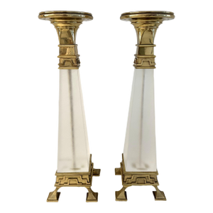 1980s Chapman Neoclassical Tall Brass & Frosted Lucite Candle Holders, a Pair