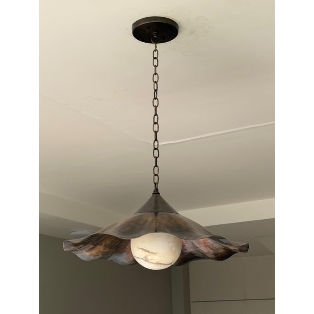 Ruffle Brass Pendant Light, Wavy Kitchen Island Lamp With Alabaster Globe For Sale - Image 9 of 15
