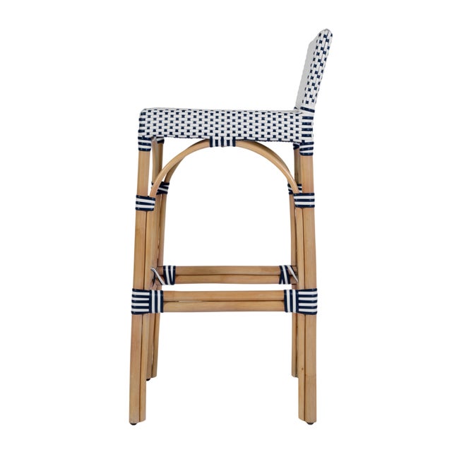 2020s Serienna 30 in. Seat Height Rectangular Rattan Low Back Bar Stool, White/Navy Dot / Natural Rattan Frame For Sale - Image 5 of 9
