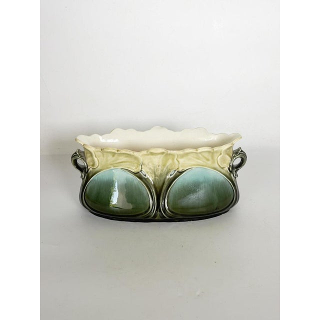 Art Nouveau Majolica Cachepot with Green and Blue Floral Decorations, France For Sale - Image 11 of 18