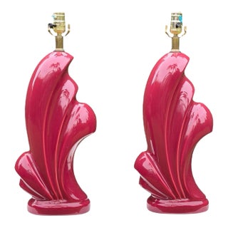 Vintage 1980s Postmodern Cranberry Red Sculptural Wave Ceramic Table Lamps - A Pair For Sale