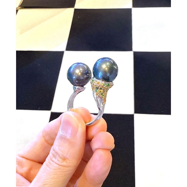 Bochic “Orient” Vintage South Sea Pearl & Fancy Sapphires Ring Set 18K Gold & Si For Sale - Image 9 of 9