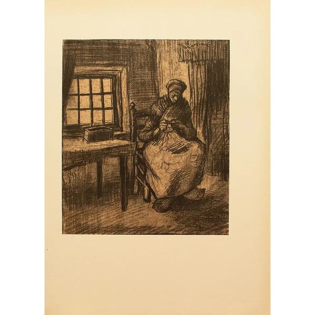 A rare vintage full-color print of charcoal drawing "Working Woman" by Vincent Van Gogh. Comes from a rare artbook...