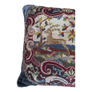 Large Antique 19thc English Needlepoint Scenic Tapestry Cushion Pillow For Sale