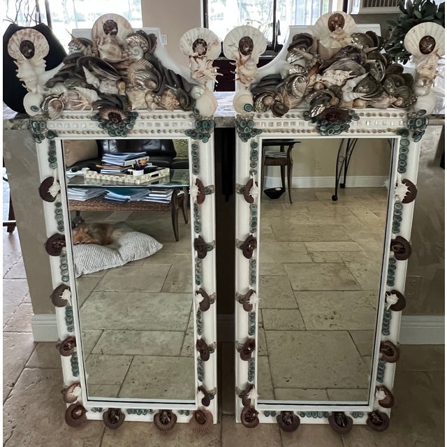 Vintage 60’s Twin Faux Bamboo & Seashell Encrusted Wall Mirrors - Designed by Cheryl P. Kohloff For Sale - Image 16 of 18