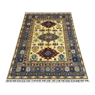 Ivory and Blue Kazak Wool Area Rug With Tribal Medallions, 4'10" X 6'7" For Sale