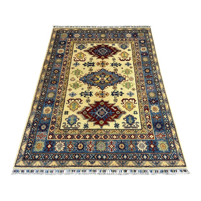 Ivory and Blue Kazak Wool Area Rug With Tribal Medallions, 4'10" X 6'7" For Sale