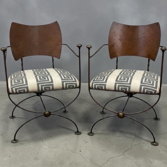 Campaign Savonarola Campaign Style Iron / Steel X-Base Chairs Greek Key Upholstery - Pair For Sale - Image 3 of 7