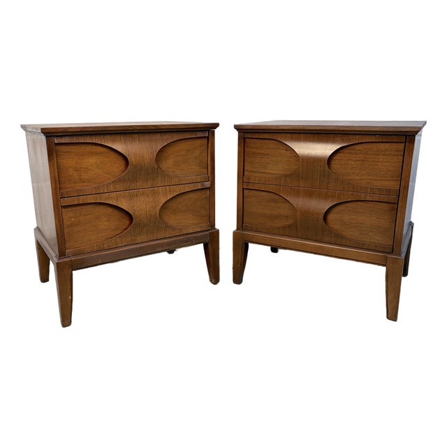 Mid 20th Century Sculpted Walnut Nightstands, A Pair For Sale