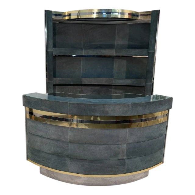 1970s Mid-Century Modern Attributed to Willy Rizzo Bar Cabinet in Blue Suede, Brass & Chrome For Sale