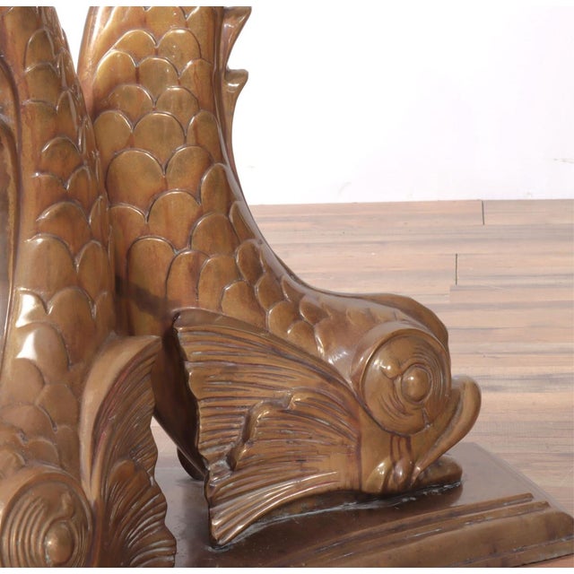 Round Glass Top Dining Table With a Three Dolphins Solid Brass Base. Mid Century Modern Meets For Sale - Image 4 of 7