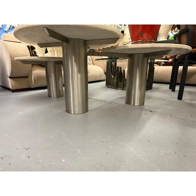 1990s Organic Modern Travertine Three-Tier Circular Coffee Table With Metal Base For Sale - Image 14 of 14