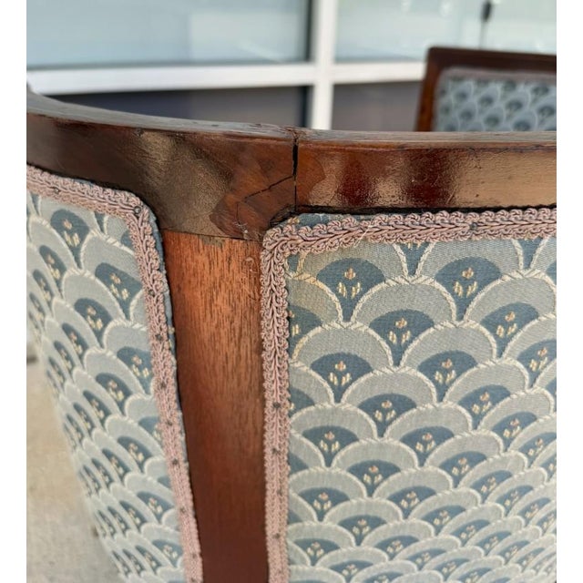Early 20th Century Inlaid Barrel Back Chair With Scalloped Blue Upholstery For Sale - Image 13 of 14