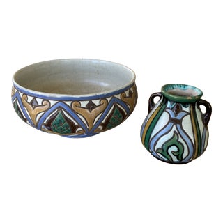 Vintage Polychrome Multicolor Clay Bowl and Vase From Toledo, Spain - 2 Pieces For Sale