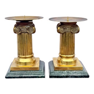 Vintage Brass and Green Marble Ionic Column Candle Holders – Neoclassical Style For Sale