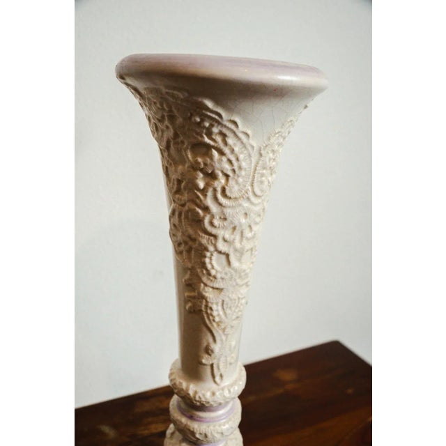 Vintage China ivory & lavender vase with embossed detail 16in x 6in Glaze has natural cracking all around, but it is still...