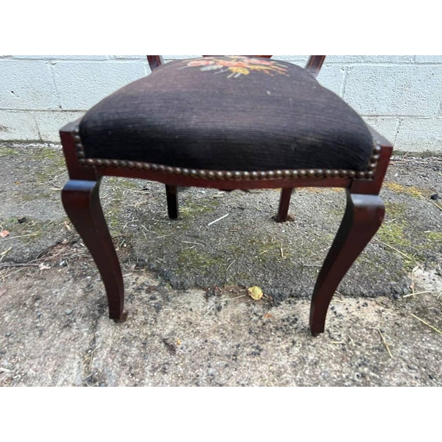 Victorian 19th Century Antique Victorian Style Mahogany Marquetry Inlaid Needlepoint Side Chair For Sale - Image 3 of 12