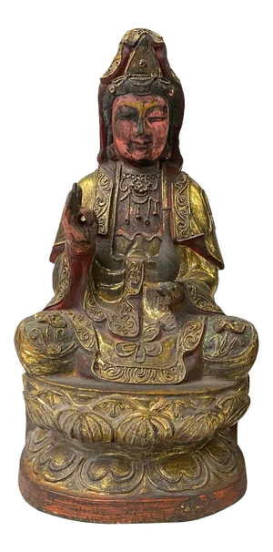 Vintage Chinese Wooden Carved Home Guardian Kwan Yin Figure
