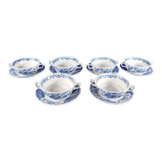 Set of Six Ridgway Windsor Blue Flat Cream Soup Bowls With Underplates For Sale