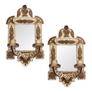 Antique French Tole Gilt / Gold and Ivory Girandole Double Arm Mirror / Mirrorred Sconces in the Manner of Charles Iv of Spain, a Pair For Sale