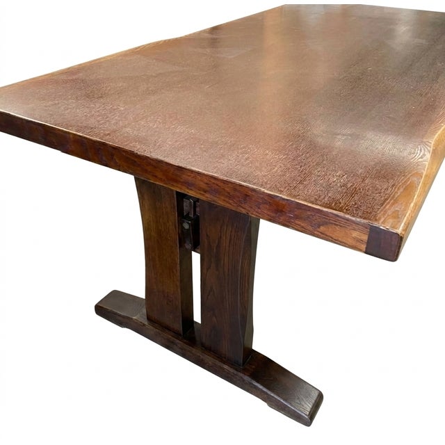 Rare 7-Piece Mid-Century Modern Japanese Dining Set With Tiger Oak Live-Edge Trestle Table & 6 Swivel Chairs For Sale - Image 4 of 13