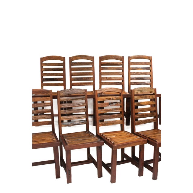 Farmhouse Solid teak chair set of 8. Featuring a thick frame backrest with 5 horizontal slats. Wonderfully showcasing the...
