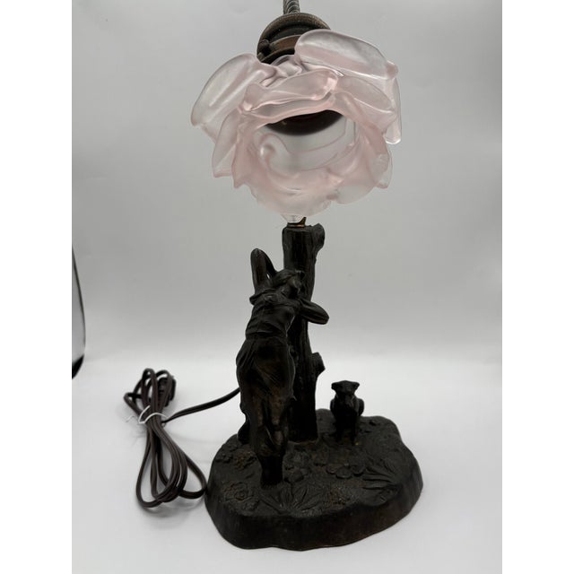 1900s Art Nouveau Bronze Figural Table Lamp With Pink Glass Flower Shade For Sale In New York - Image 6 of 12