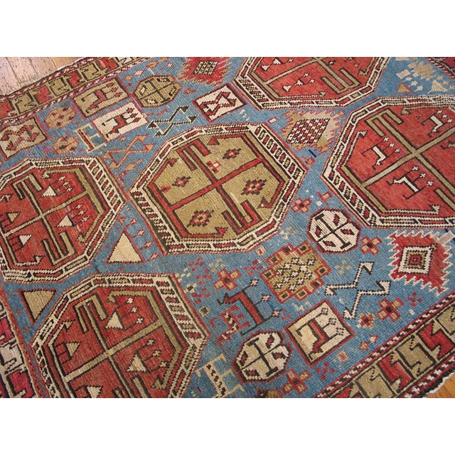 Cornflower Blue 1900s Sky Blue Medallion Tribal Hand Knotted Antique Caucasian Moghan Rug 4'2" X 4'4" Wool Carpet For Sale - Image 8 of 9