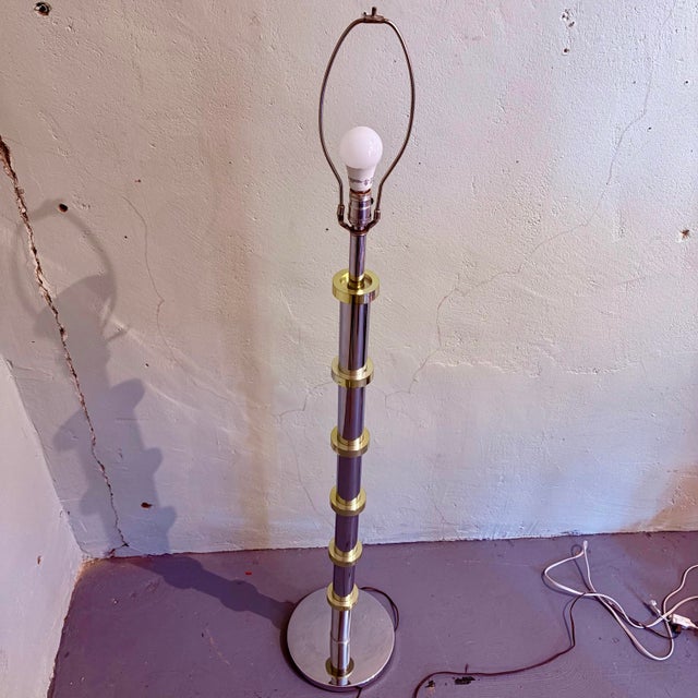 Mid 20th Century Vintage Modern Chrome & Brass-Toned Floor Lamp With Black Drum Shade For Sale - Image 5 of 11