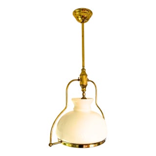 1950 French Mid-Century Brass & Opaline Glass Pendant Light For Sale