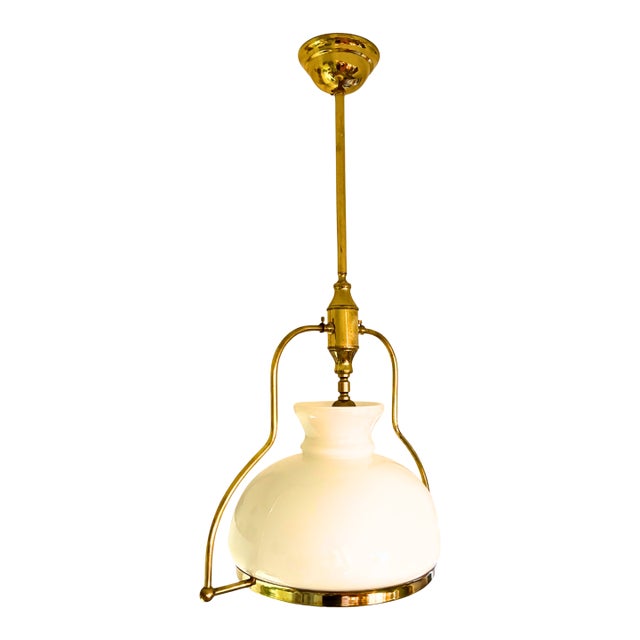 1950 French Mid-Century Brass & Opaline Glass Pendant Light For Sale
