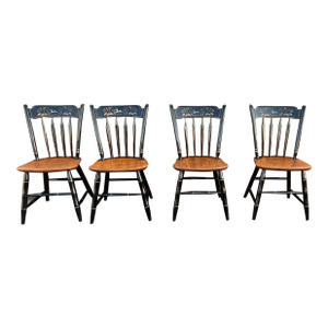 Late 20th Century Ethan Allen Black & Gold Hand Decorated Hitchcock Style Accent Dining Side Chairs. Set of 4