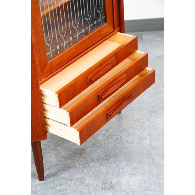 Mid Century Danish Modern Corner Cabinet Teak Wood Bar Denmark Drawers Glass MCM For Sale In Sacramento - Image 6 of 11