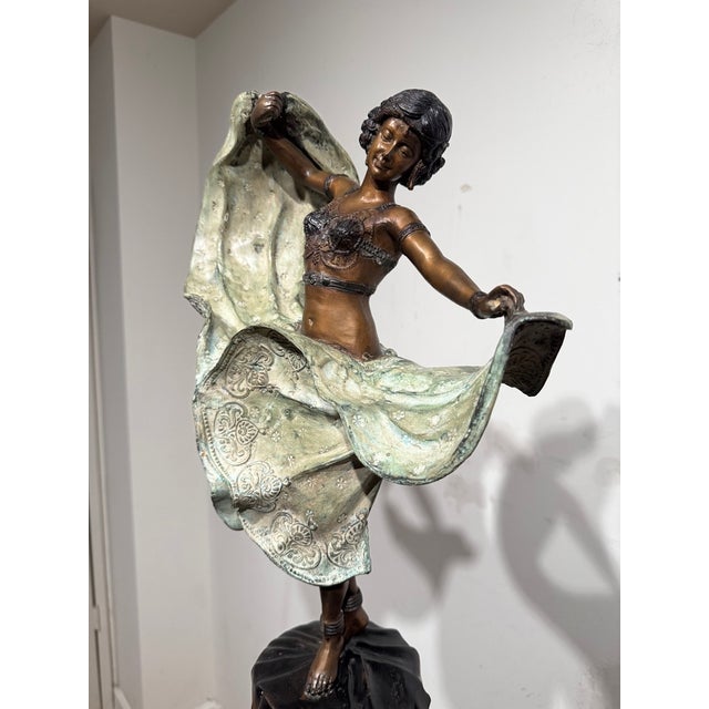 Late 20th Century Large Art Deco Style Patinated Metal Dancer Sculpture With Neoclassical Wood Pedestal For Sale - Image 4 of 15