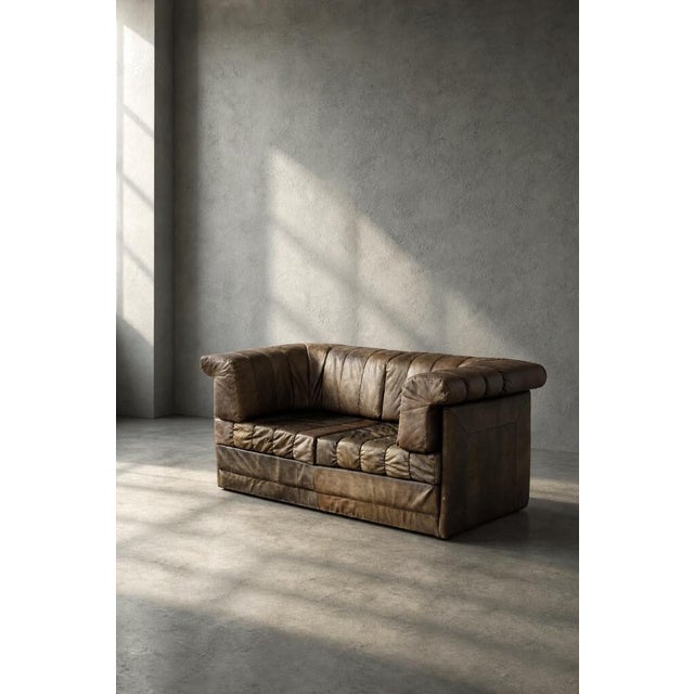 Vintage Mid-Century Modern Brutalist German Brown Leather 2-Seater Sofa, 1970s For Sale - Image 9 of 18