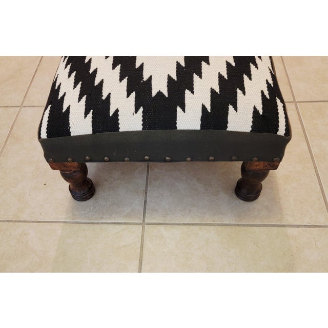 Black Southwest Kilim Style Footstool With Wooden Legs, Nailhead Trim For Sale - Image 8 of 8