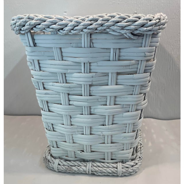 Vintage White Woven Wicker Waste Basket For Sale - Image 4 of 8